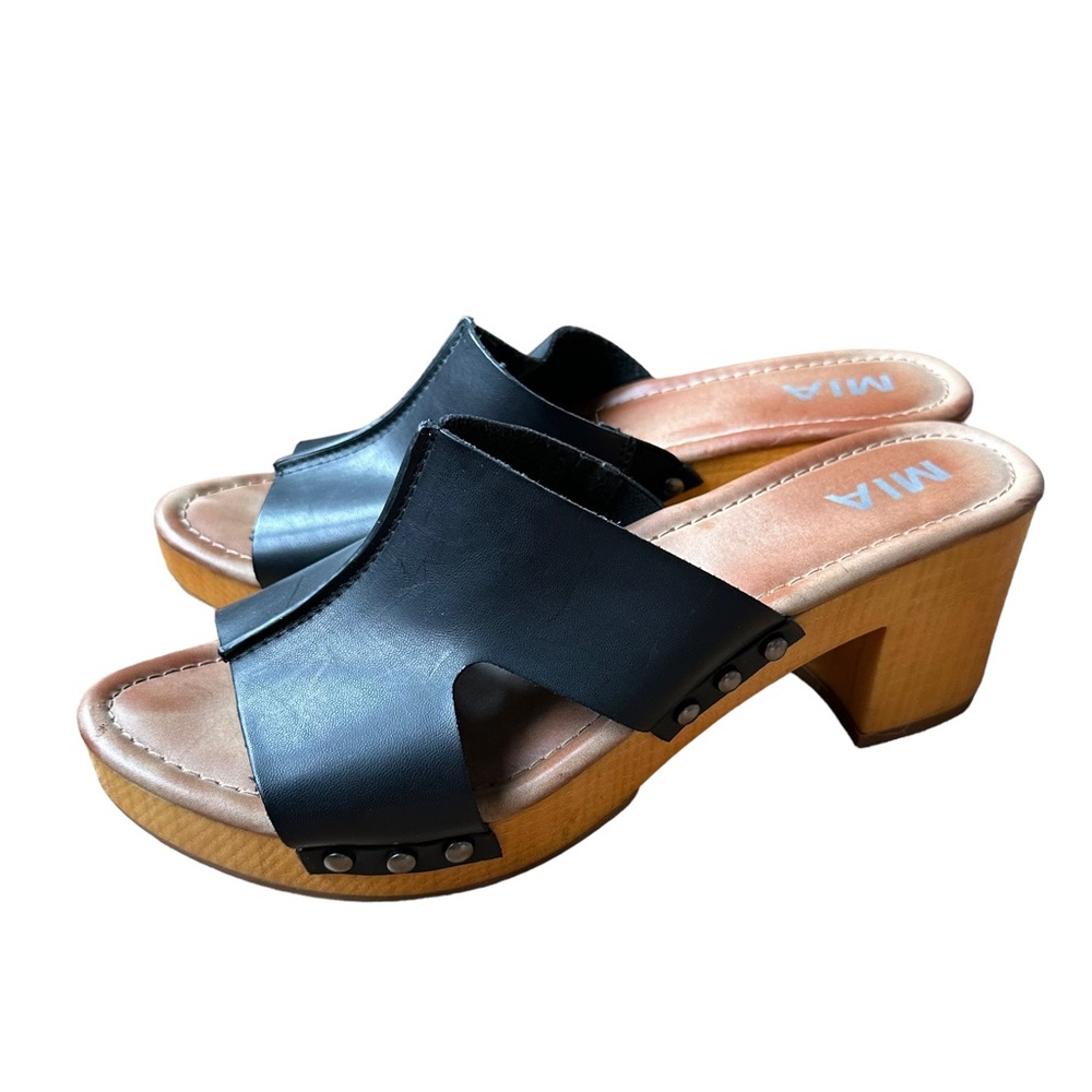 MIA Women's Y2K Black Leather Upper Slip On Sandals with 3" Heels Size: 9